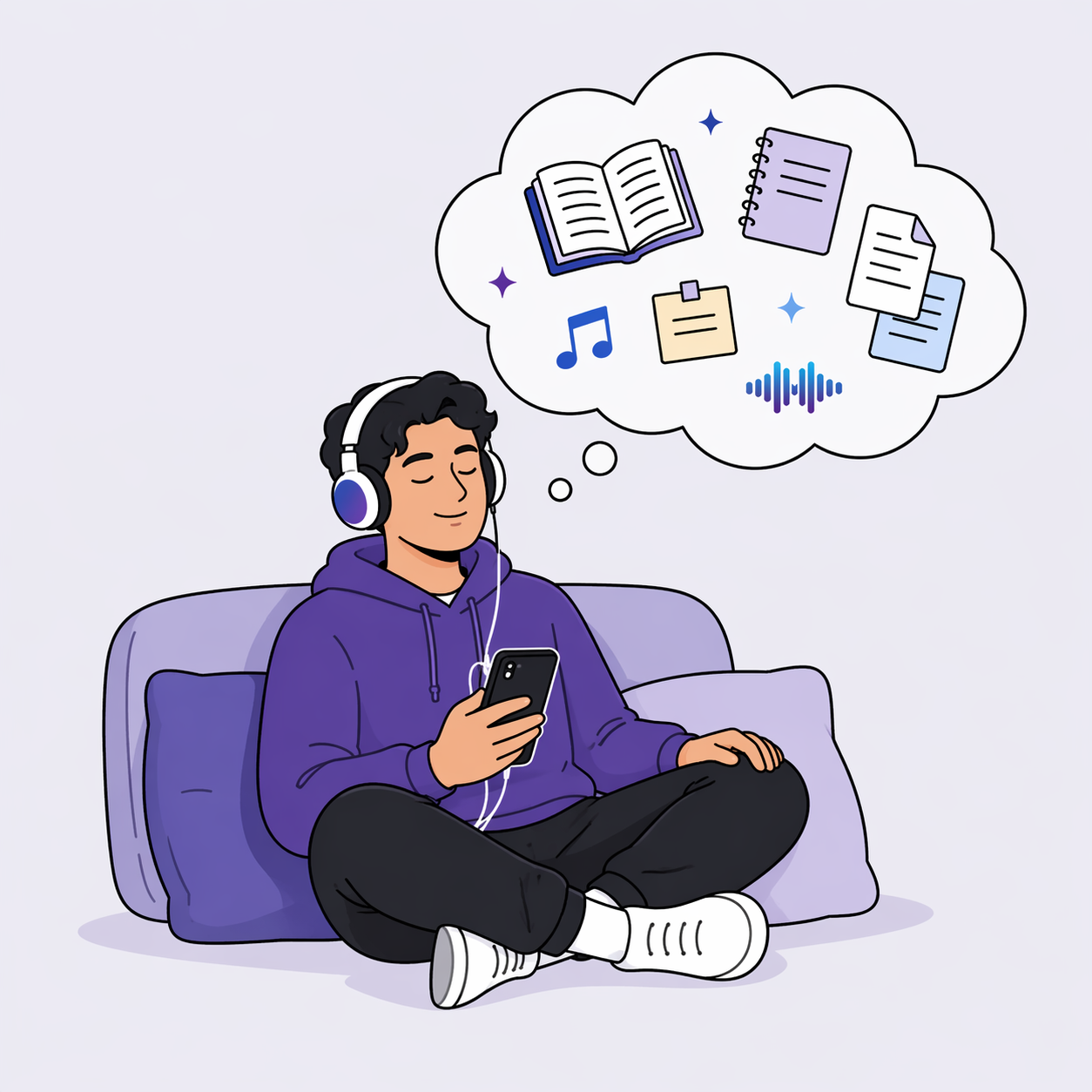 Person relaxing with headphones while listening to books, notes, music, and documents