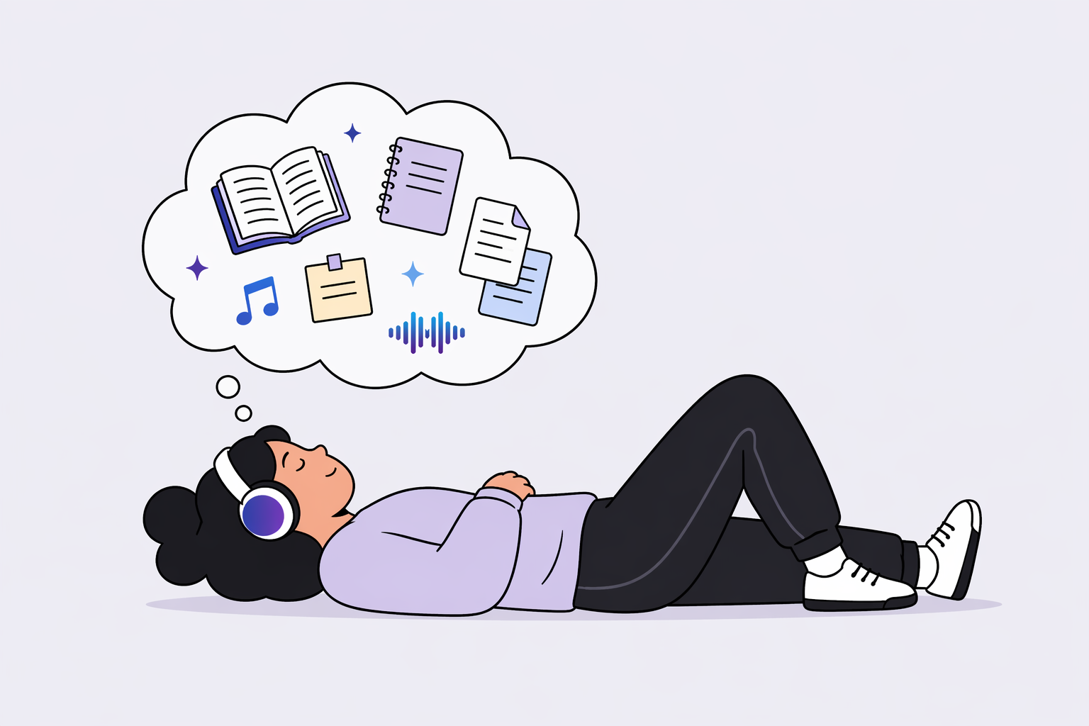 Person listening to audio while thinking about books, notes, music, and documents